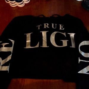 True Religion black crop hoodie with silver foil letter logo